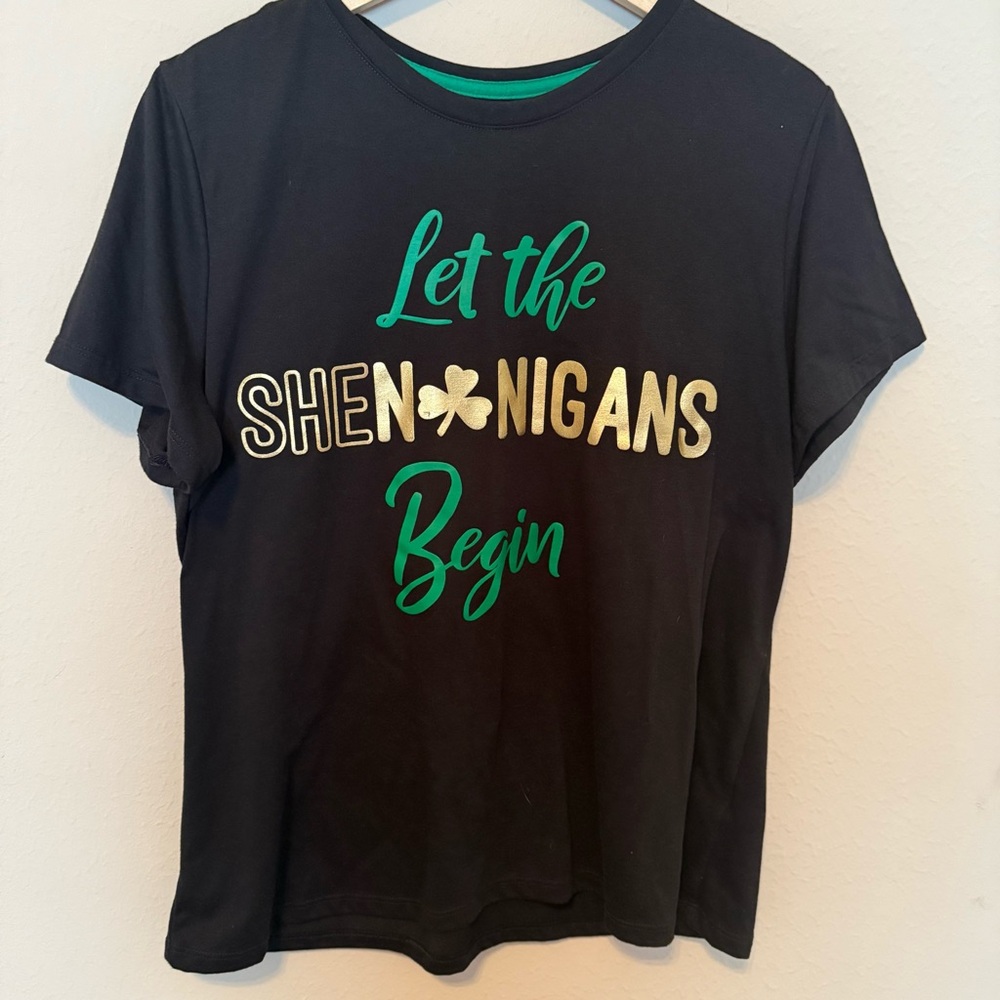 Celebrate “Let the shenanigans begin” St. Patrick’s Day T-shirt Women’s XL Black